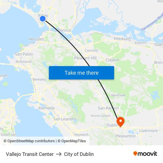 Vallejo Transit Center to City of Dublin map