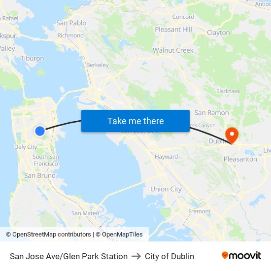 San Jose Ave/Glen Park Station to City of Dublin map