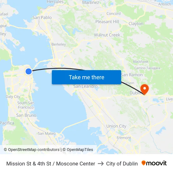 Mission St & 4th St / Moscone Center to City of Dublin map