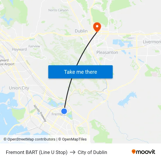 Fremont BART (Line U Stop) to City of Dublin map