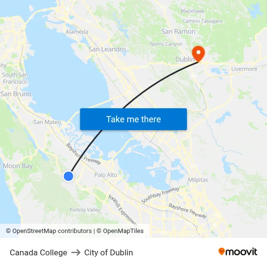 Canada College to City of Dublin map