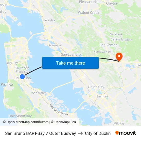 San Bruno BART-Bay 7 Outer Busway to City of Dublin map