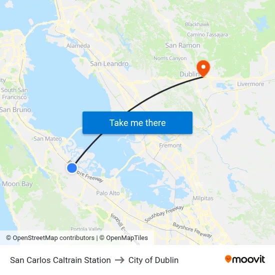 San Carlos Caltrain Station to City of Dublin map