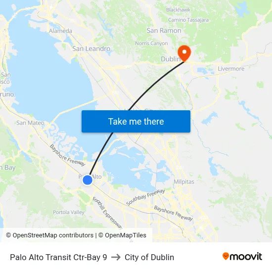 Palo Alto Transit Ctr-Bay 9 to City of Dublin map