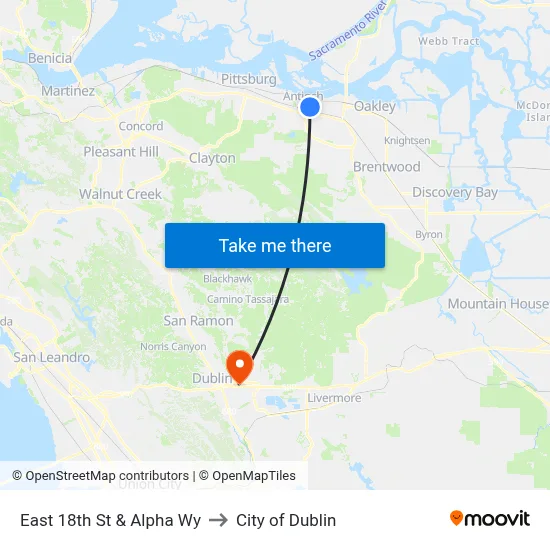 East 18th St & Alpha Wy to City of Dublin map
