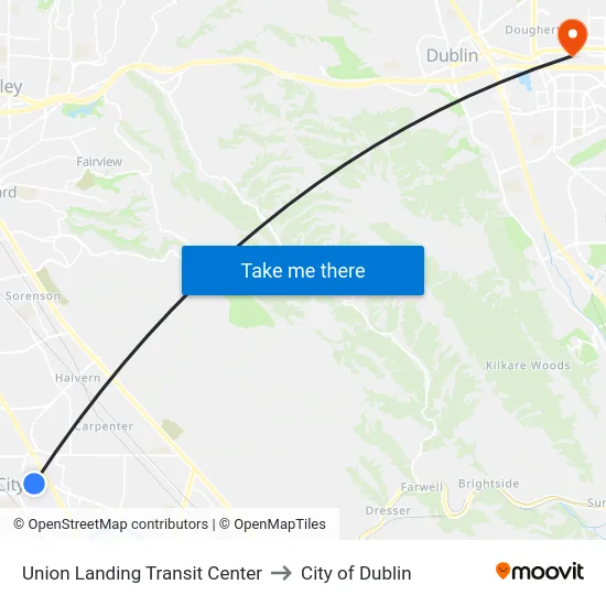 Union Landing Transit Center to City of Dublin map
