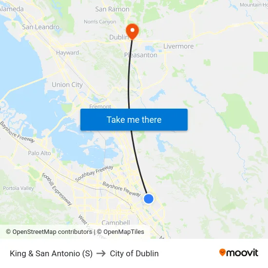 King & San Antonio (S) to City of Dublin map