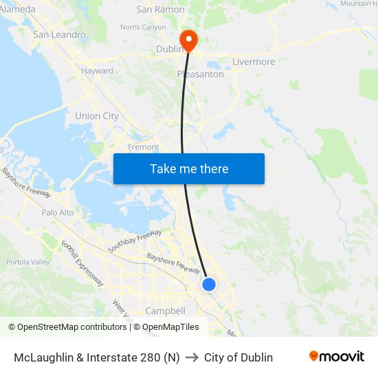 McLaughlin & Interstate 280 (N) to City of Dublin map