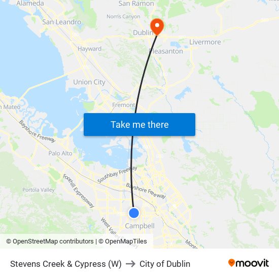 Stevens Creek & Cypress (W) to City of Dublin map