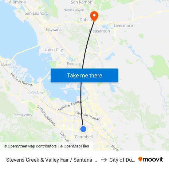 Stevens Creek & Valley Fair / Santana Row (W) to City of Dublin map