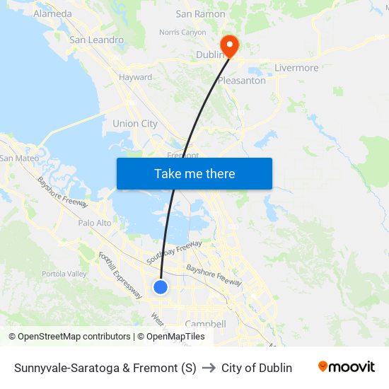 Sunnyvale-Saratoga & Fremont (S) to City of Dublin map