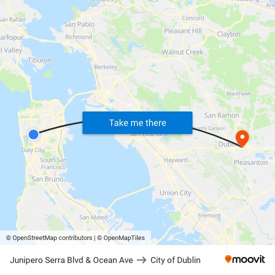 Junipero Serra Blvd & Ocean Ave to City of Dublin map