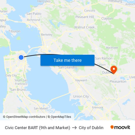 Civic Center BART (9th and Market) to City of Dublin map
