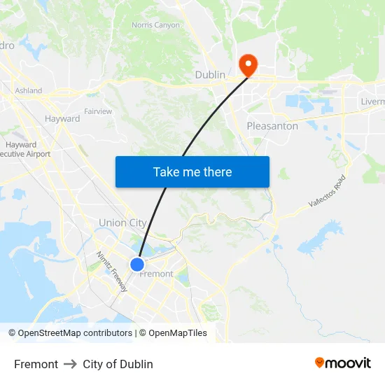 Fremont to City of Dublin map