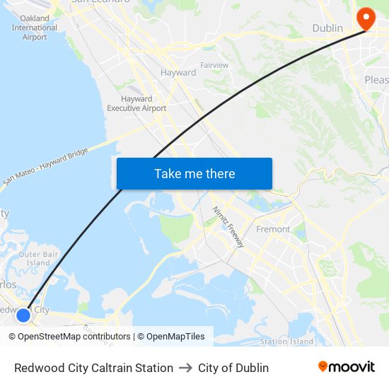 Redwood City Caltrain Station to City of Dublin map