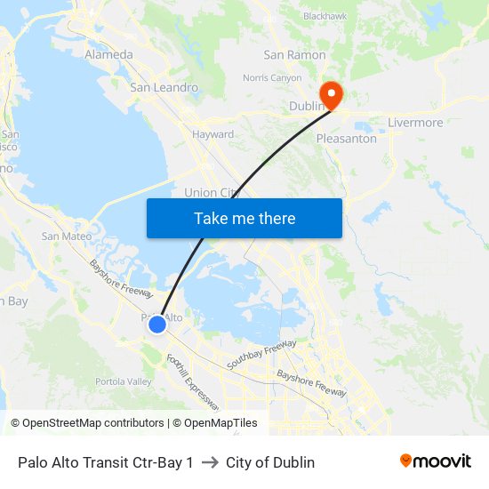 Palo Alto Transit Ctr-Bay 1 to City of Dublin map