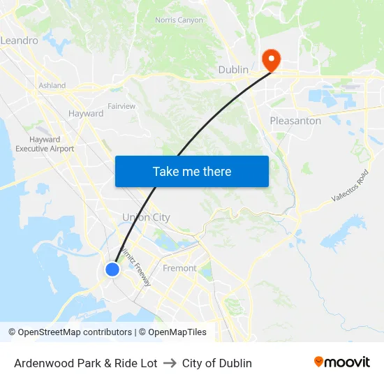 Ardenwood Park & Ride Lot to City of Dublin map