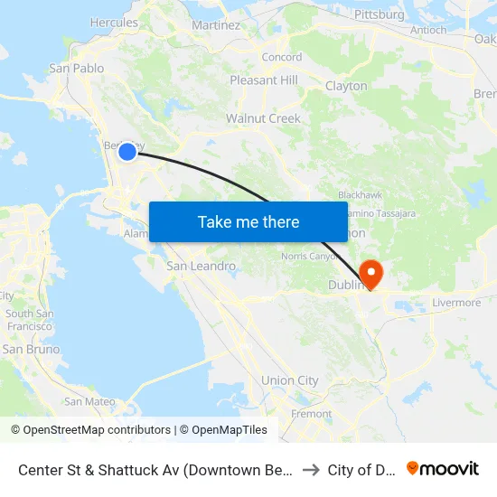 Center St & Shattuck Av (Downtown Berkeley BART) to City of Dublin map