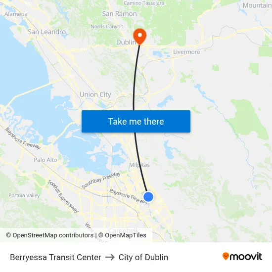 Berryessa Transit Center to City of Dublin map