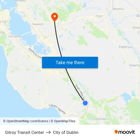 Gilroy Transit Center to City of Dublin map