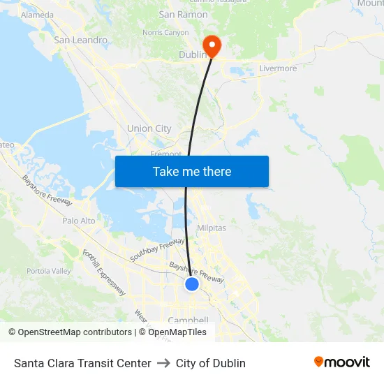 Santa Clara Transit Center to City of Dublin map
