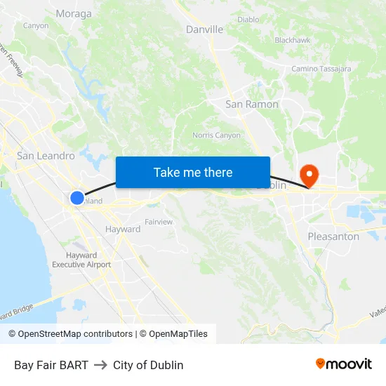 Bay Fair BART to City of Dublin map