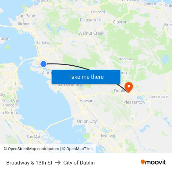 Broadway & 13th St to City of Dublin map