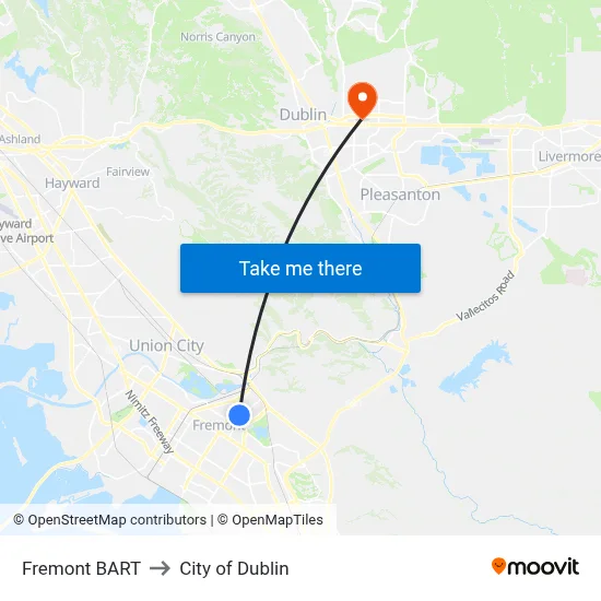 Fremont BART to City of Dublin map