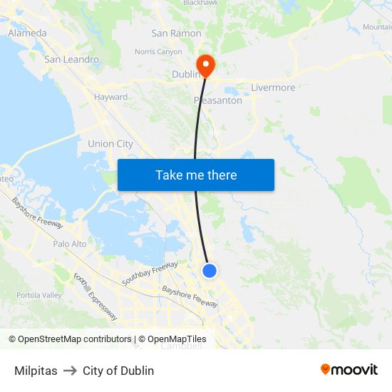 Milpitas to City of Dublin map