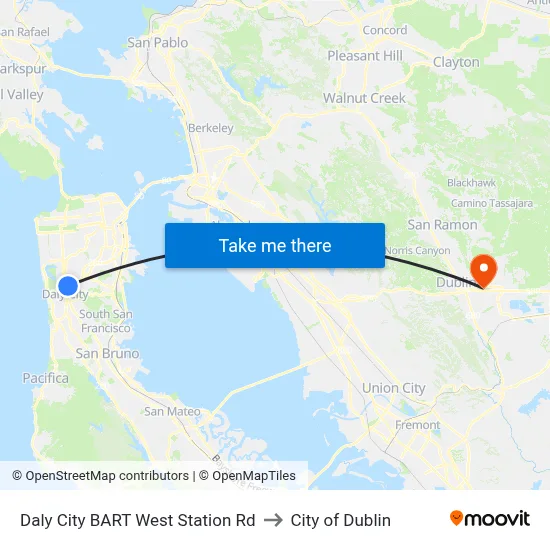 Daly City BART West Station Rd to City of Dublin map