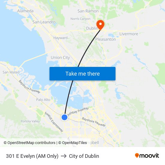 301 E Evelyn (AM Only) to City of Dublin map