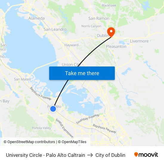 University Circle - Palo Alto Caltrain to City of Dublin map