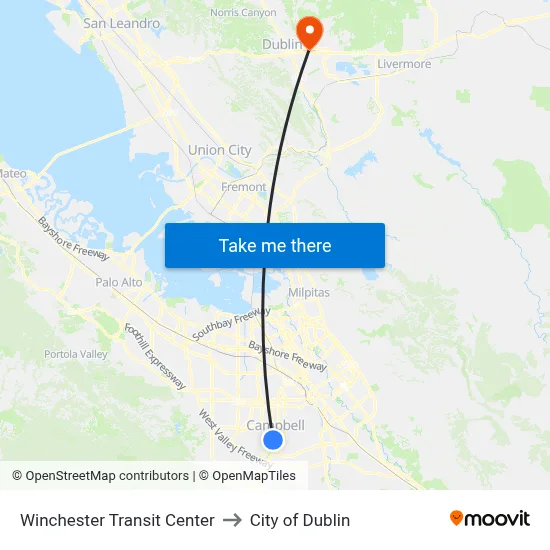 Winchester Transit Center to City of Dublin map