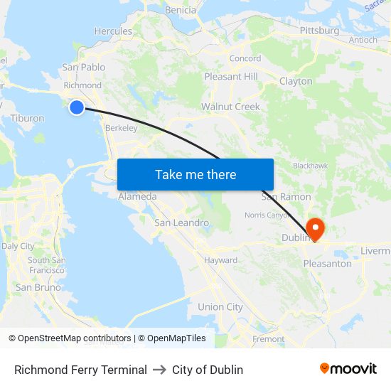 Richmond Ferry Terminal to City of Dublin map