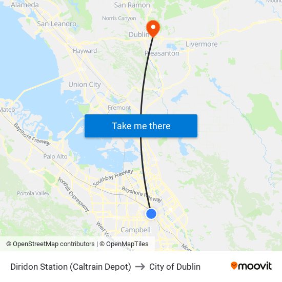 Diridon Station (Caltrain Depot) to City of Dublin map