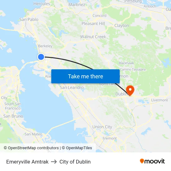 Emeryville Amtrak to City of Dublin map