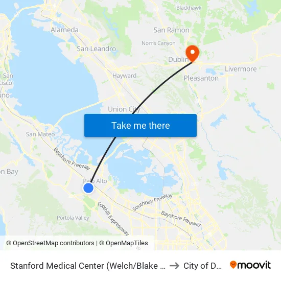 Stanford Medical Center (Welch/Blake Wilbur Dr) to City of Dublin map