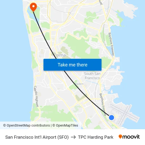 San Francisco Int'l Airport (SFO) to TPC Harding Park map