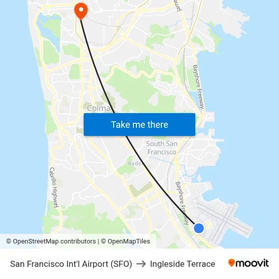 San Francisco Int'l Airport (SFO) to Ingleside Terrace map