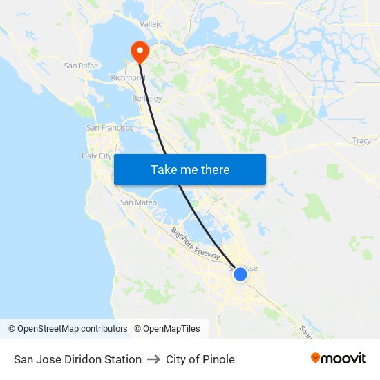 San Jose Diridon Station to City of Pinole map