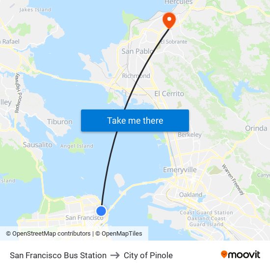 San Francisco Bus Station to City of Pinole map