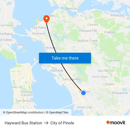 Hayward Bus Station to City of Pinole map