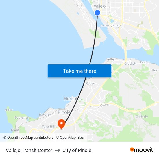 Vallejo Transit Center to City of Pinole map