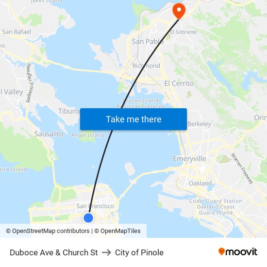 Duboce Ave & Church St to City of Pinole map