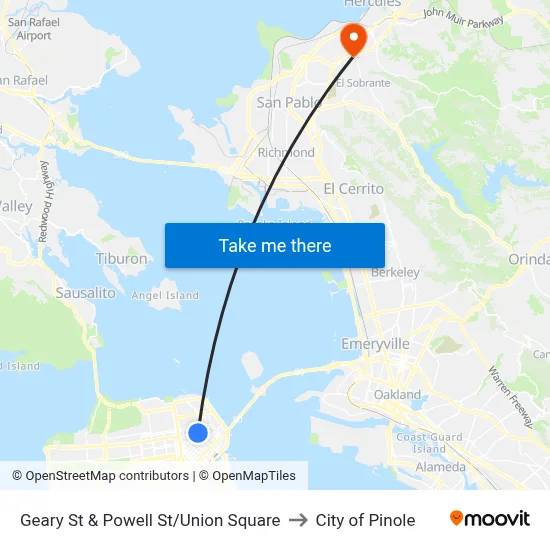 Geary St & Powell St/Union Square to City of Pinole map