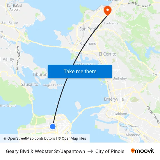 Geary Blvd & Webster St/Japantown to City of Pinole map
