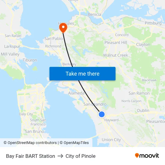 Bay Fair BART Station to City of Pinole map