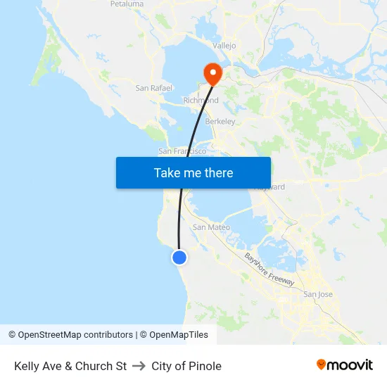 Kelly Ave & Church St to City of Pinole map