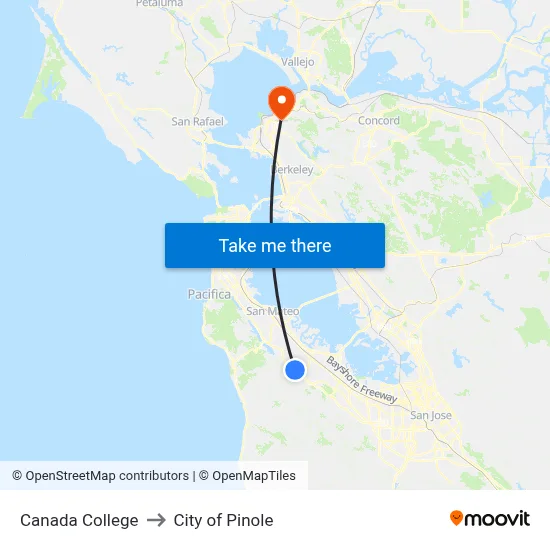 Canada College to City of Pinole map