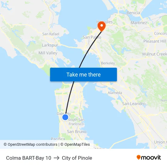 Colma BART-Bay 10 to City of Pinole map